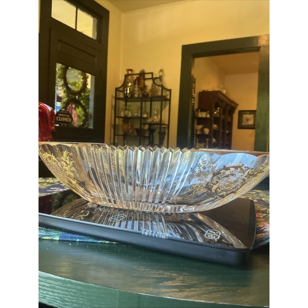 Antique 13" Moser Bohemian Cut‎ Crystal Shaped Bowl with Gold Details
